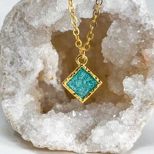 3/$20 14k Gold Dark Green Glitter Resin Diamond Charm Handmade Pendant Necklace